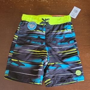 NEW Neon Green & Blue Shark Stripe Swim Trunks